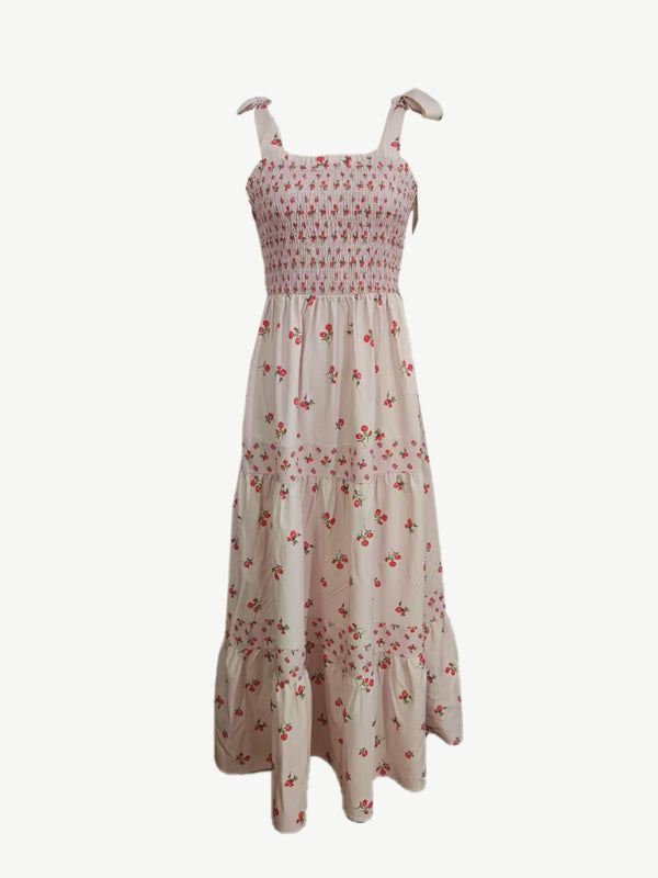 Pink Printed Cake Dress – Tiered Hem, Woven Fabric, Spring-Summer Style