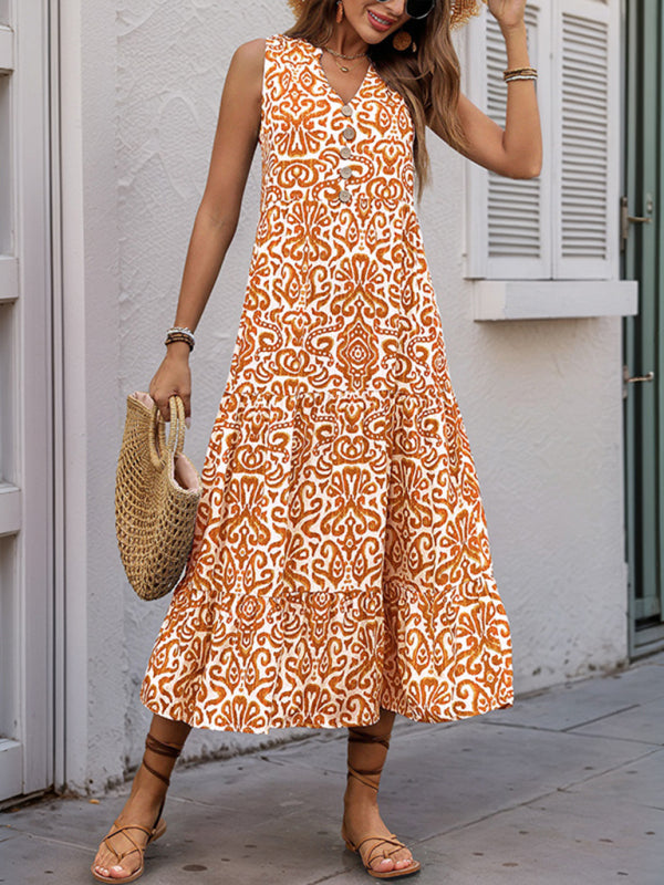 Sleeveless V-Neck Button-Front Midi Dress – Lightweight Rayon for Summer
