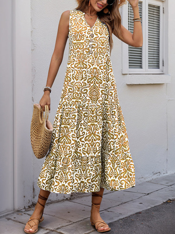 Sleeveless V-Neck Button-Front Midi Dress – Lightweight Rayon for Summer