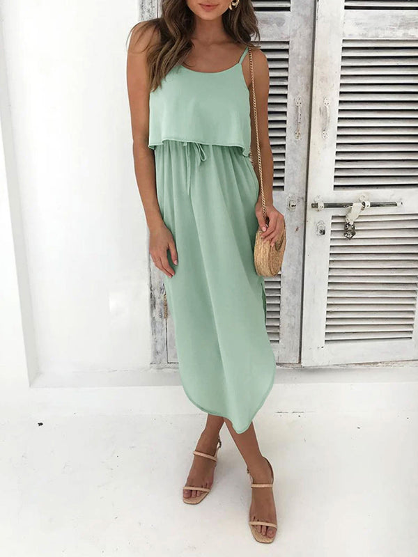 Solid Color Slit Midi Suspender Dress – High Waist & Layered Look