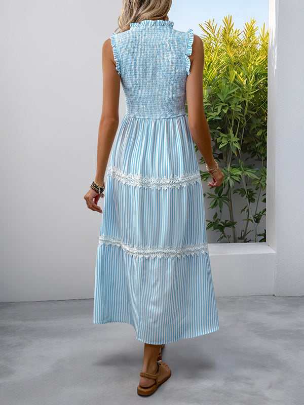 Striped Sleeveless Ruffle Neck Midi Dress