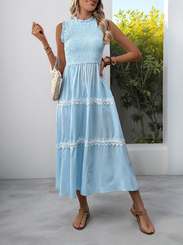 Striped Sleeveless Ruffle Neck Midi Dress