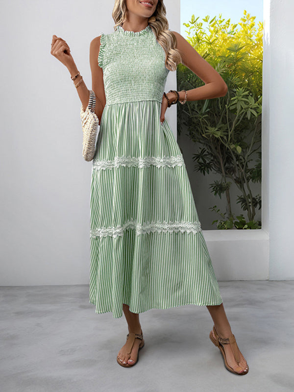 Striped Sleeveless Ruffle Neck Midi Dress