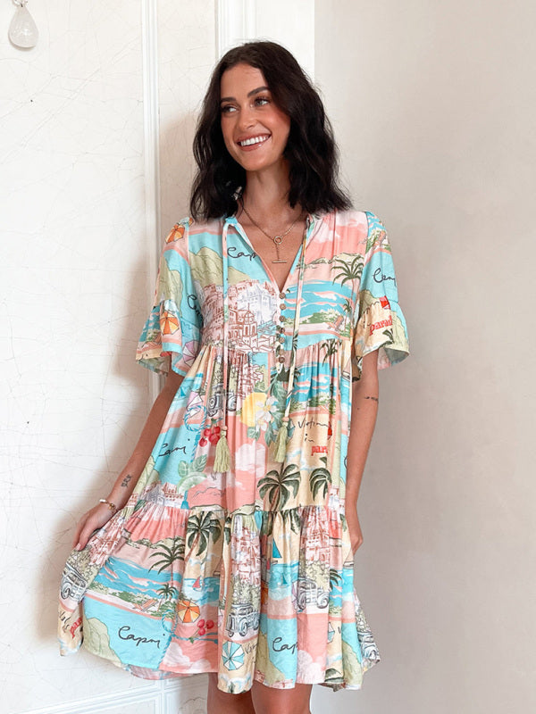 Bohemian Floral Short Sleeve Dress – Lightweight Daily Style for Spring & Summer