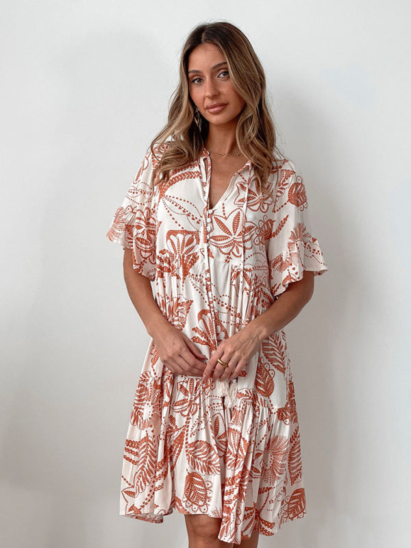 Bohemian Floral Short Sleeve Dress – Lightweight Daily Style for Spring & Summer