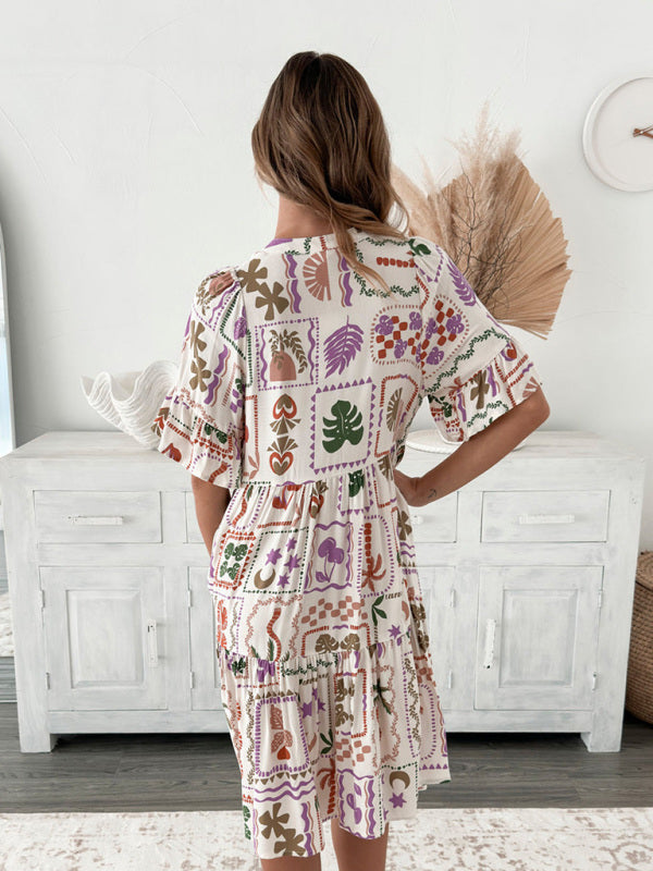 Bohemian Floral Short Sleeve Dress – Lightweight Daily Style for Spring & Summer