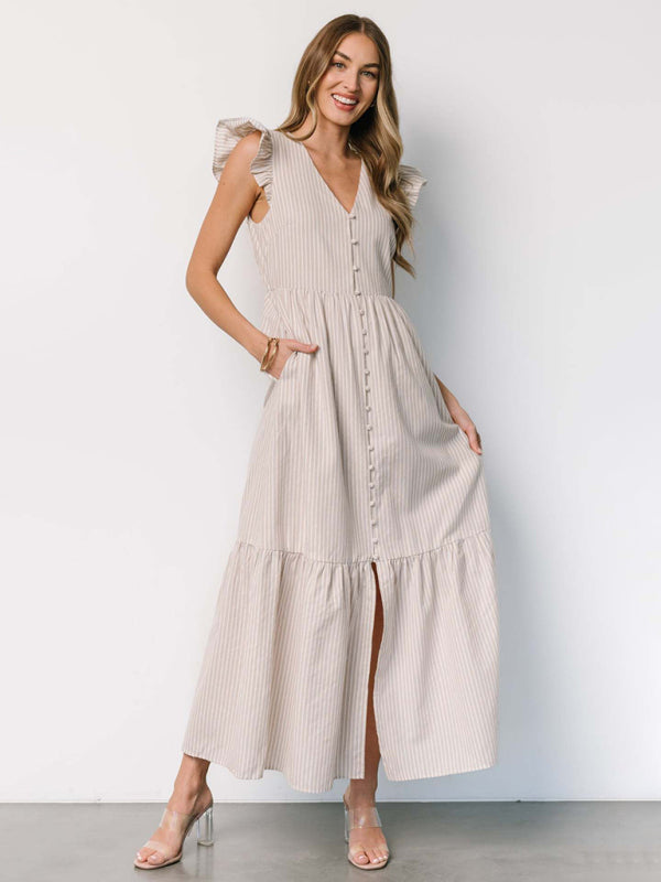 Boho Stripe V-Neck Maxi Shirt Dress