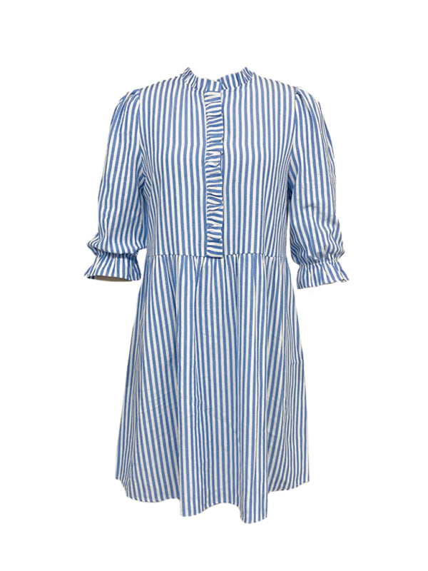 Striped Puff Sleeve Stand Collar Dress