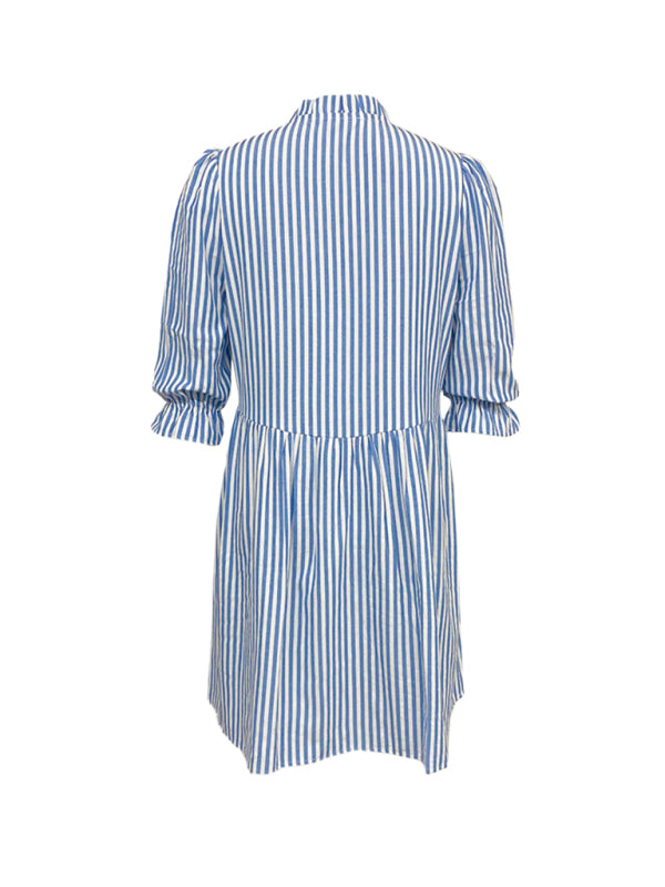 Striped Puff Sleeve Stand Collar Dress