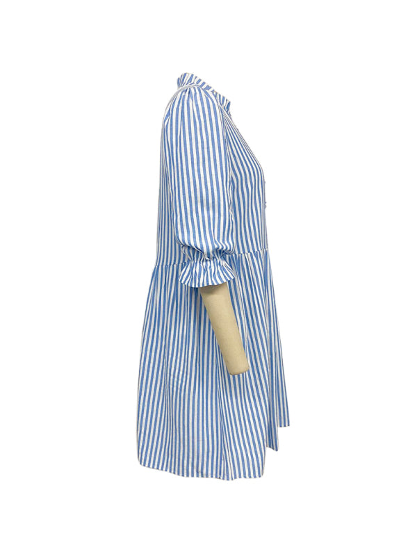 Striped Puff Sleeve Stand Collar Dress