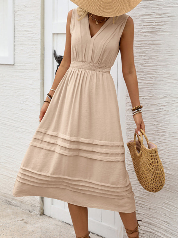 Sleeveless V-Neck Midi Dress with Elastic Waist – Cracker Khaki