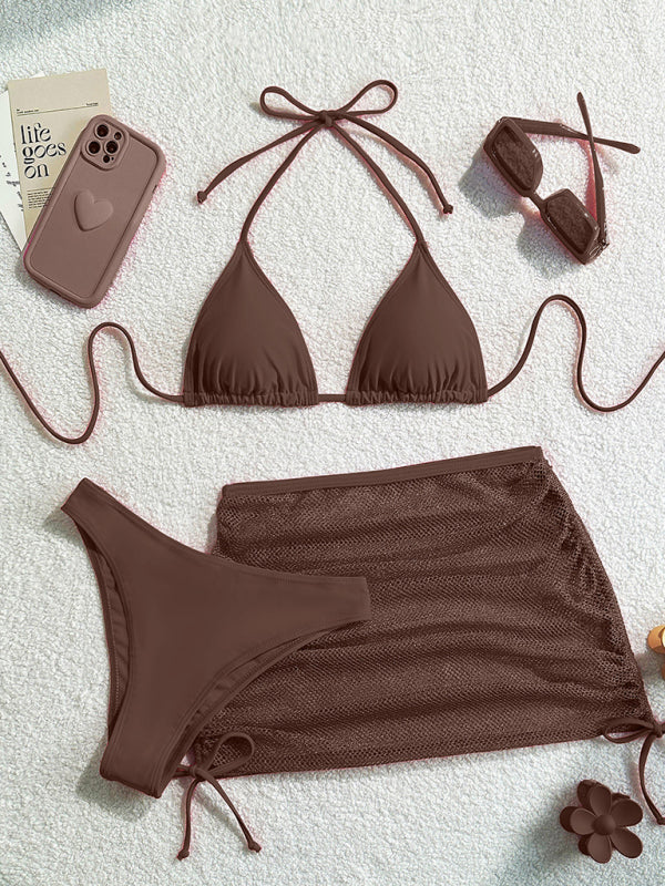 Backless Solid Three-Piece Bikini Set – High Stretch, Sexy Knit Swimwear