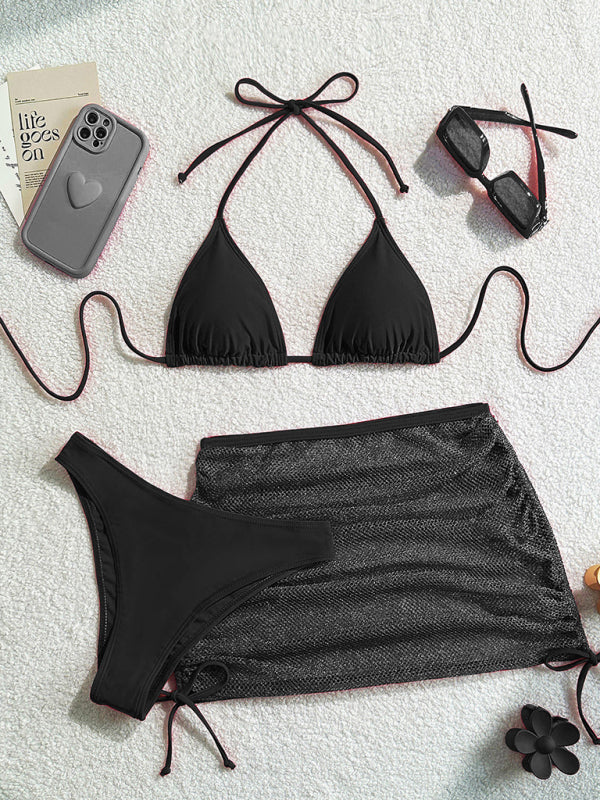 Backless Solid Three-Piece Bikini Set – High Stretch, Sexy Knit Swimwear