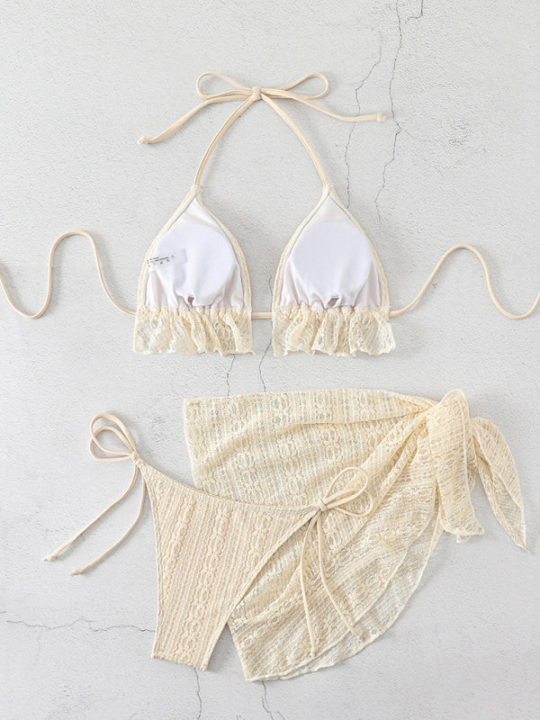 Lace Splice Lace-Up Swimsuit 3-Piece Set – High Elastic Knit Swimwear