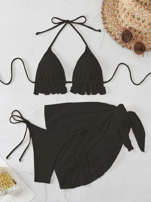 Lace Splice Lace-Up Swimsuit 3-Piece Set – High Elastic Knit Swimwear