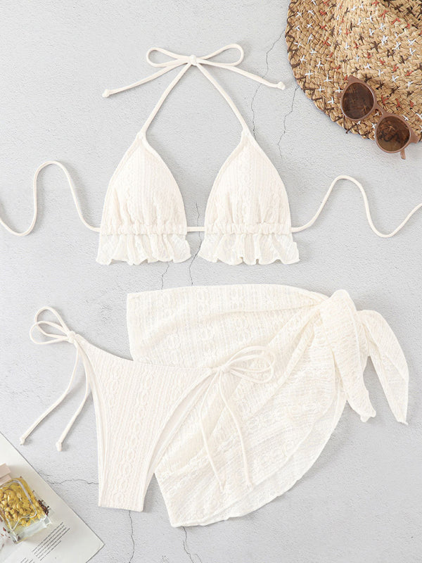 Lace Splice Lace-Up Swimsuit 3-Piece Set – High Elastic Knit Swimwear