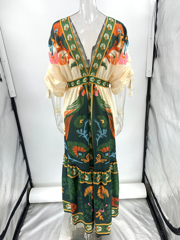 V-Neck Ethnic Print Linen Maxi Dress