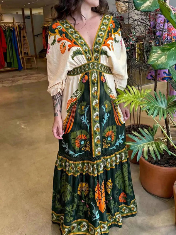 V-Neck Ethnic Print Linen Maxi Dress