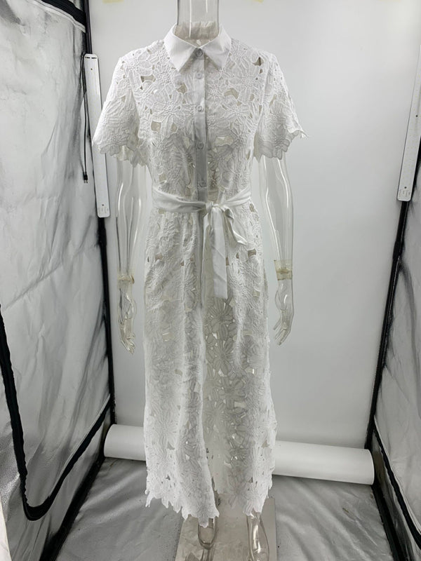 White Lace Knit Cardigan Dress – Single Breasted, Spring-Summer Style