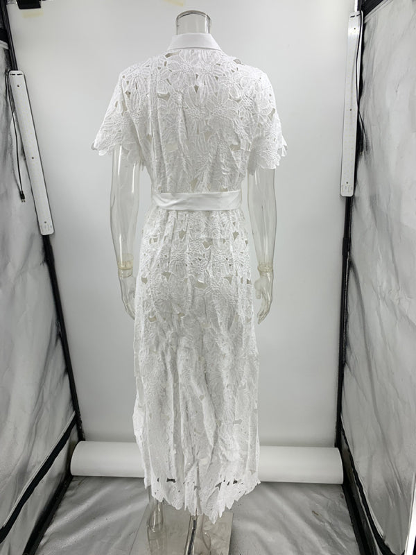 White Lace Knit Cardigan Dress – Single Breasted, Spring-Summer Style