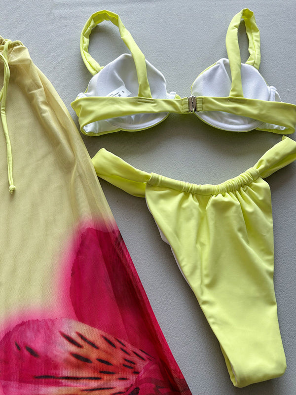 Yellow Ribbed Three-Piece Bikini Set – Self-Design, High Stretch, Vacation Style