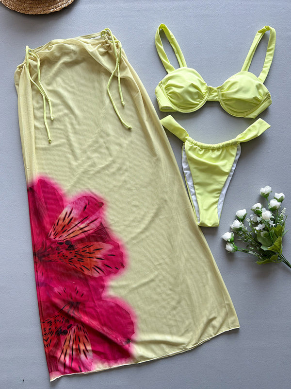 Yellow Ribbed Three-Piece Bikini Set – Self-Design, High Stretch, Vacation Style