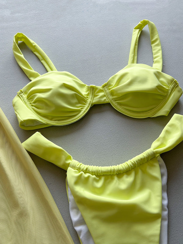 Yellow Ribbed Three-Piece Bikini Set – Self-Design, High Stretch, Vacation Style