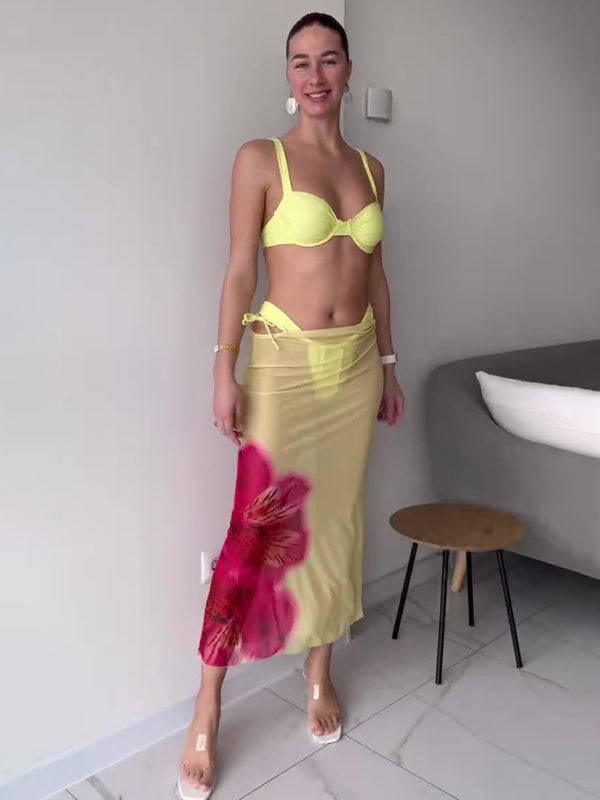 Yellow Ribbed Three-Piece Bikini Set – Self-Design, High Stretch, Vacation Style