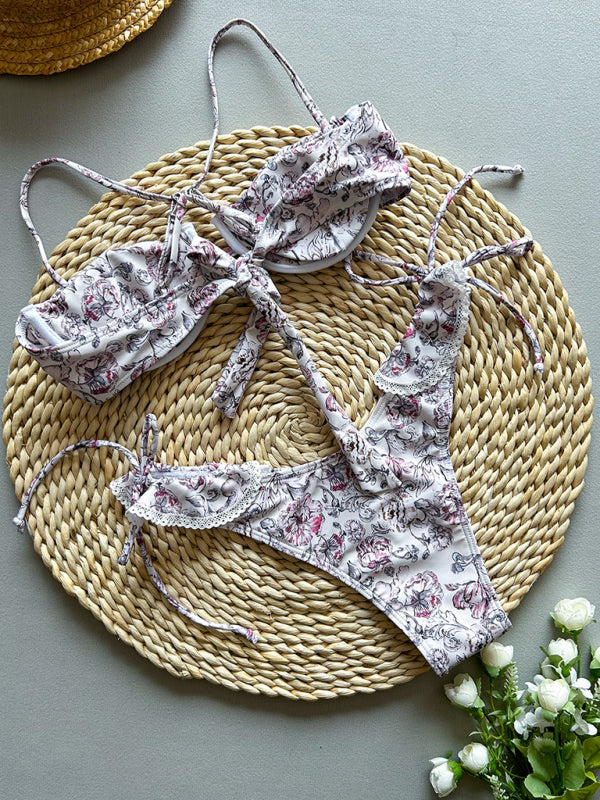 Printed Lace Bikini Set – Cream Knit High-Elastic Two-Piece for Vacation