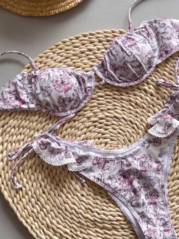 Printed Lace Bikini Set – Cream Knit High-Elastic Two-Piece for Vacation
