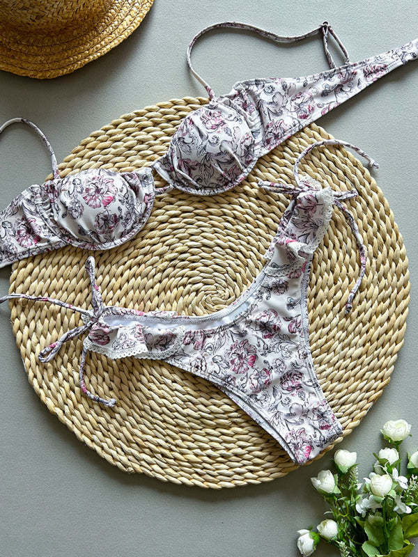 Printed Lace Bikini Set – Cream Knit High-Elastic Two-Piece for Vacation