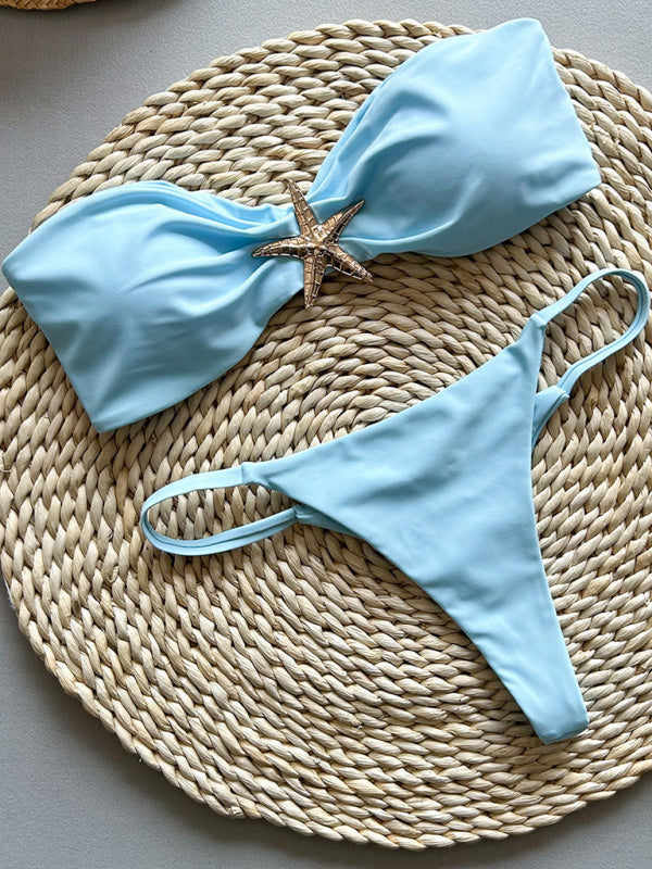 Starfish Solid Color Bandeau Bikini – High-Stretch Vacation Swim Set