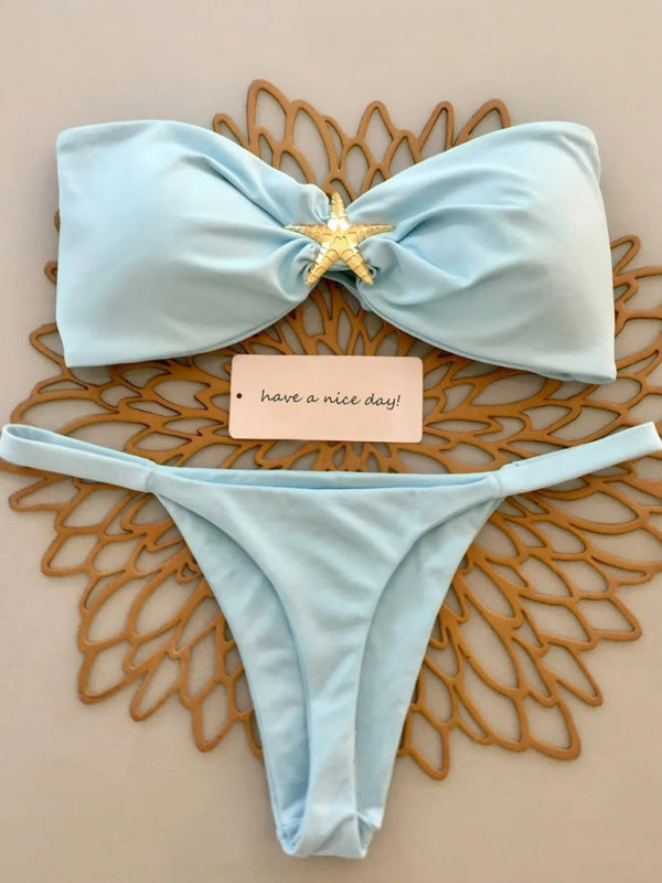 Starfish Solid Color Bandeau Bikini – High-Stretch Vacation Swim Set