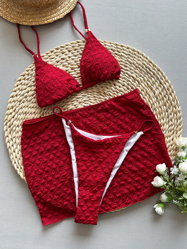 Red Textured 3-Piece Bikini Set – Vacation-Ready with Cover-Up