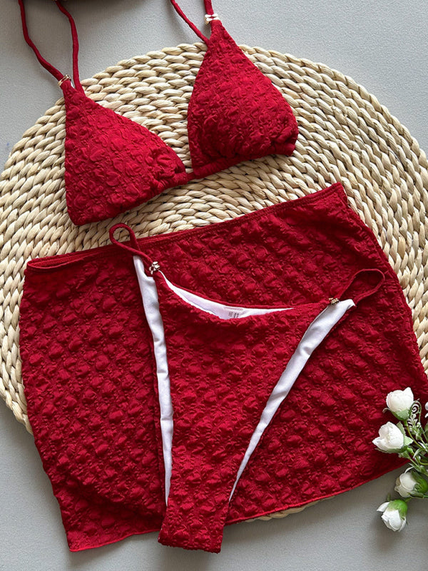 Red Textured 3-Piece Bikini Set – Vacation-Ready with Cover-Up