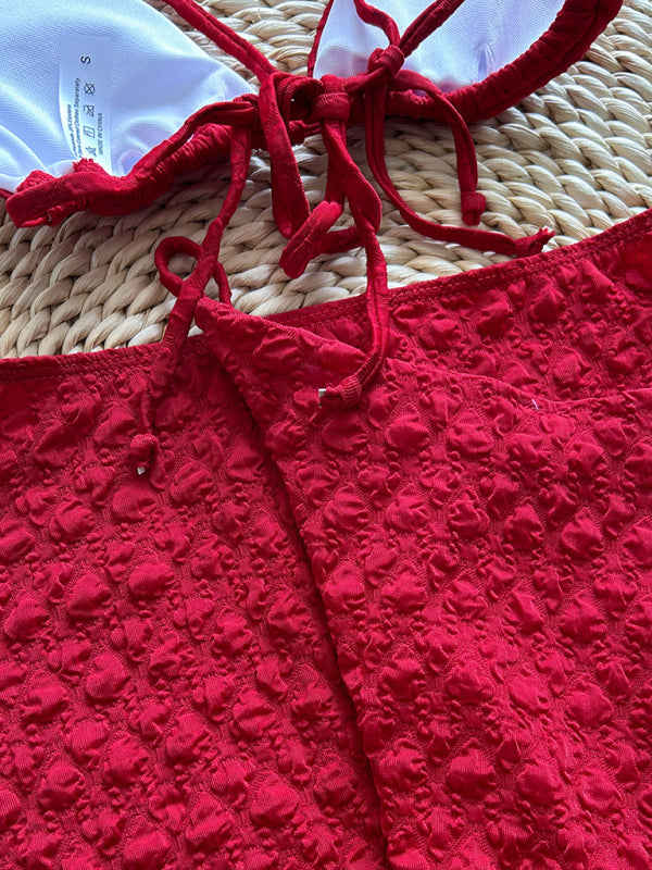 Red Textured 3-Piece Bikini Set – Vacation-Ready with Cover-Up