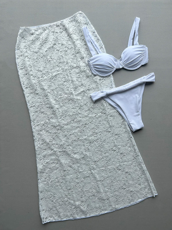 White Lace Skirt Bikini Set – 3-Piece Knit Vacation Swimwear