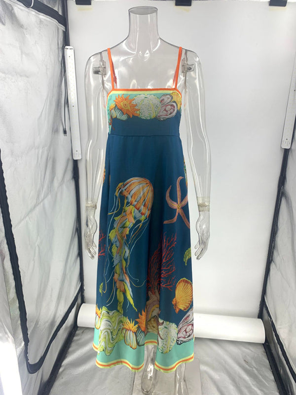 New holiday swing graffiti cotton and linen sleeveless suspender dress