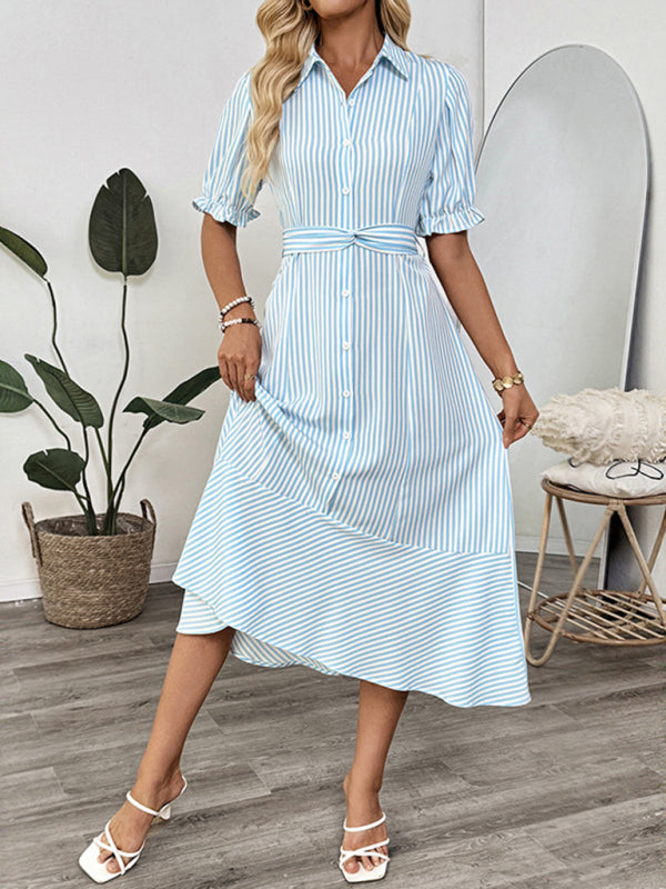 Striped Shirt Dress with Puff Sleeves and Lapel – Spring-Summer Daily Style