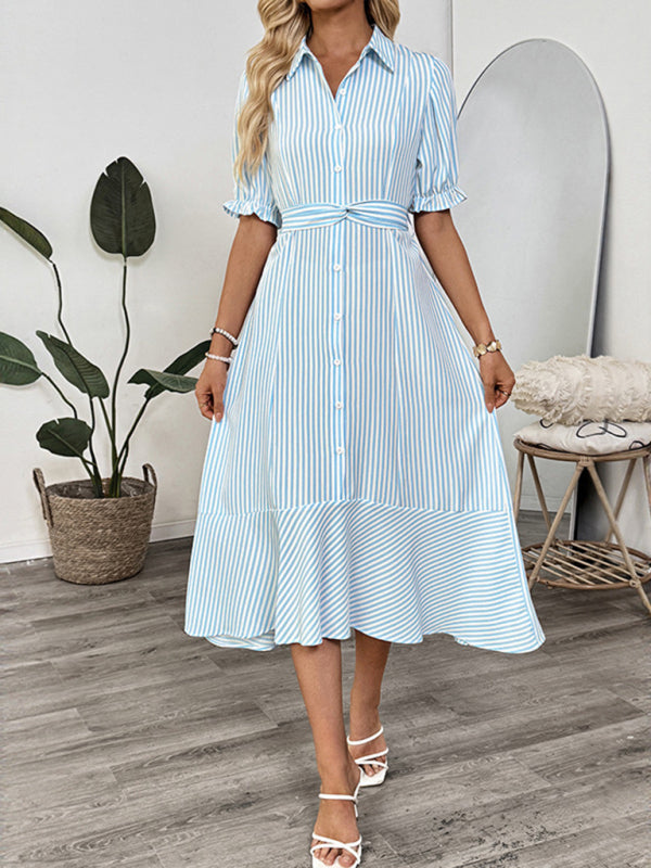 Striped Shirt Dress with Puff Sleeves and Lapel – Spring-Summer Daily Style