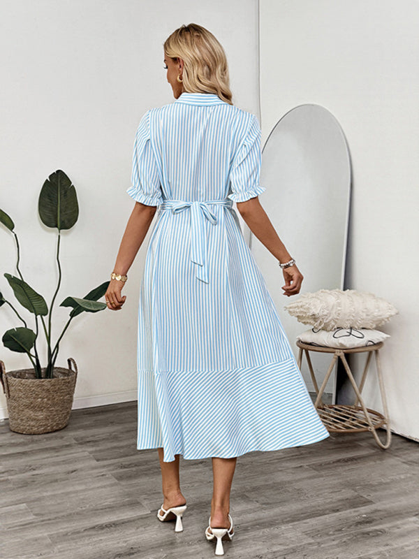 Striped Shirt Dress with Puff Sleeves and Lapel – Spring-Summer Daily Style