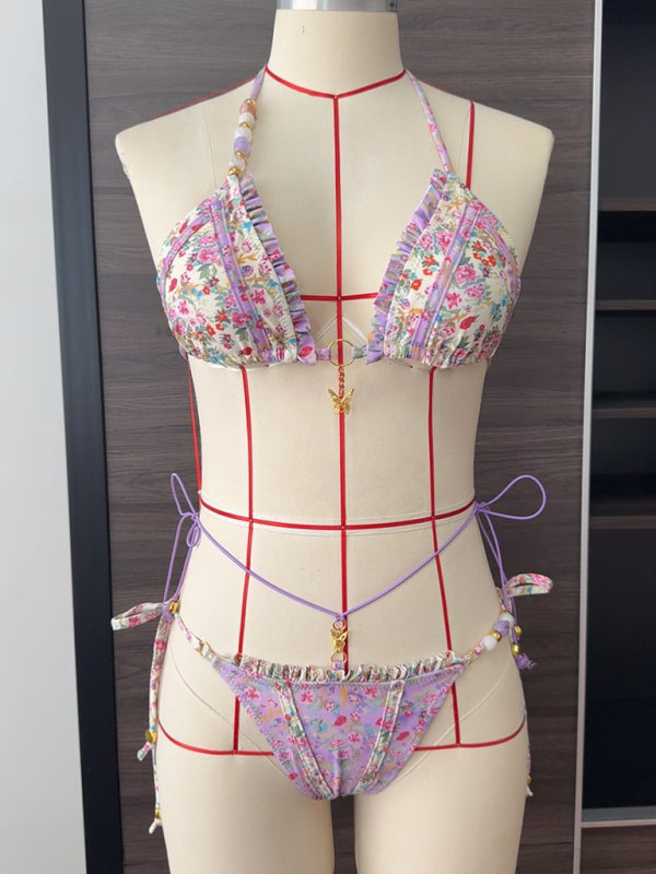 Printed Colorblock Bikini Set – Butterfly Strap Top & High Elastic Bottom