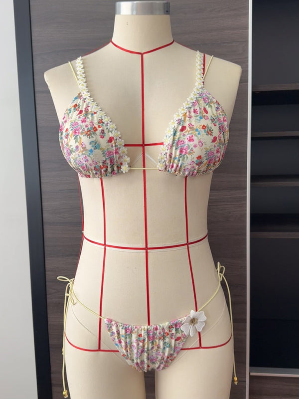 Floral Elastic Rope Bikini Set – High Stretch Two-Piece Vacation Swimwear