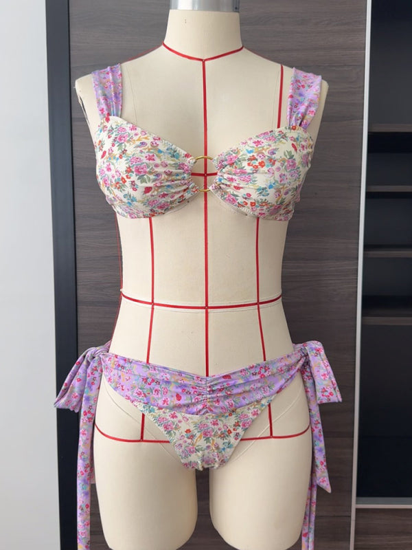 Floral Hoop Bikini Set – High Stretch Vacation Swimwear in Purple or Black