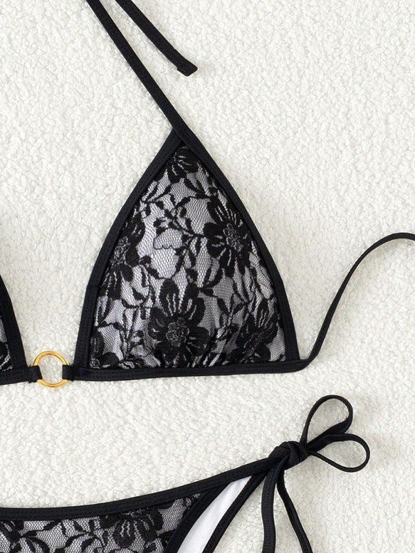 Black Lace Halter Bikini – Vacation Style with High Elasticity Fit