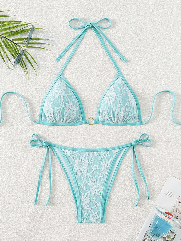 Backless Lace Bikini Set – Vacation-Inspired, High-Stretch Fit in Patterned Design