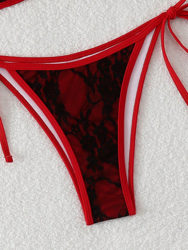 Black Lace & Red Backless Bikini – High Stretch Knit for Vacation Chic