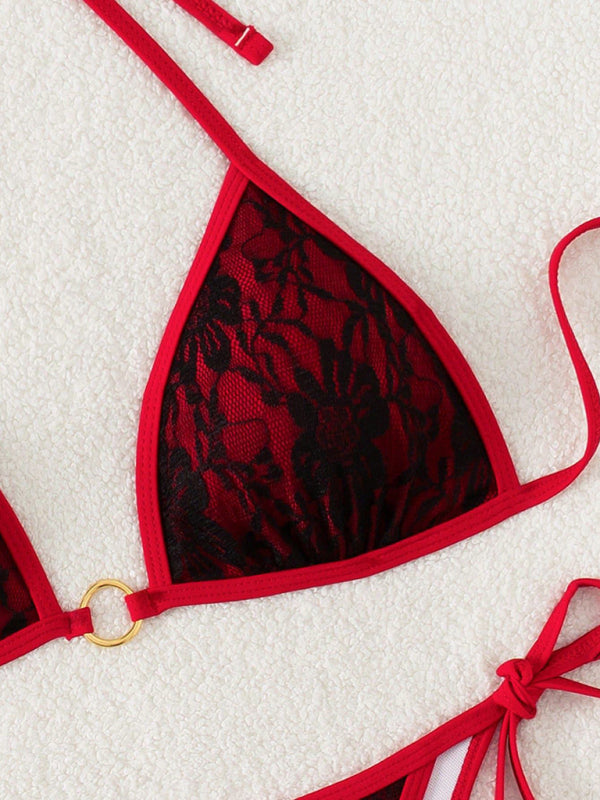 Black Lace & Red Backless Bikini – High Stretch Knit for Vacation Chic