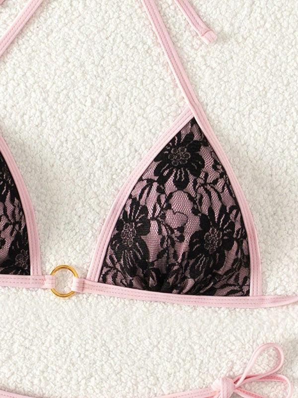 Black Lace & Pink Backless Bikini – High Stretch Vacation Swimwear