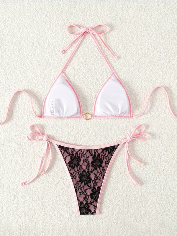 Black Lace & Pink Backless Bikini – High Stretch Vacation Swimwear